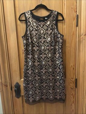 Chelsey & Violet Black Mini Dress with Gold Sequin Geometric Embroidery
